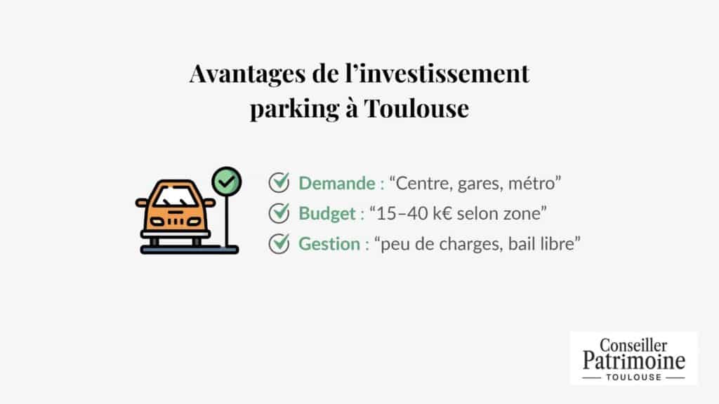 Investissement garage Toulouse avantages clés du placement : forte demande centre-ville, budget accessible, gestion simple et peu de charges